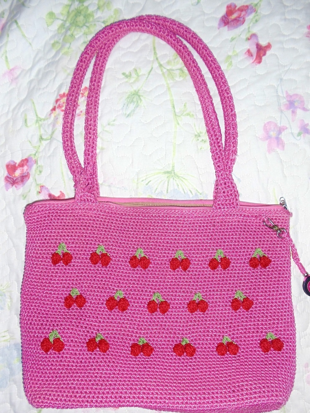 the Sak girly Pink Crochet 🍒 embroidered Cherry print 🌸 Tote Bag